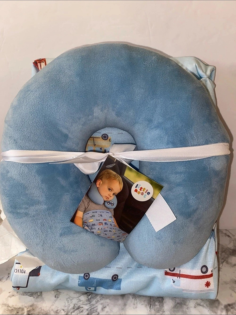 Little Nest Travel Neck Pillow with Blanket Blue Set